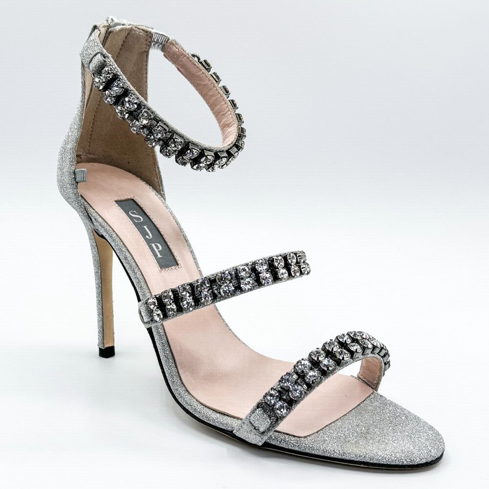 NEW SJP by Sarah Jessica Parker Orbit Crystal & Glitter Sandal on Silver Leather